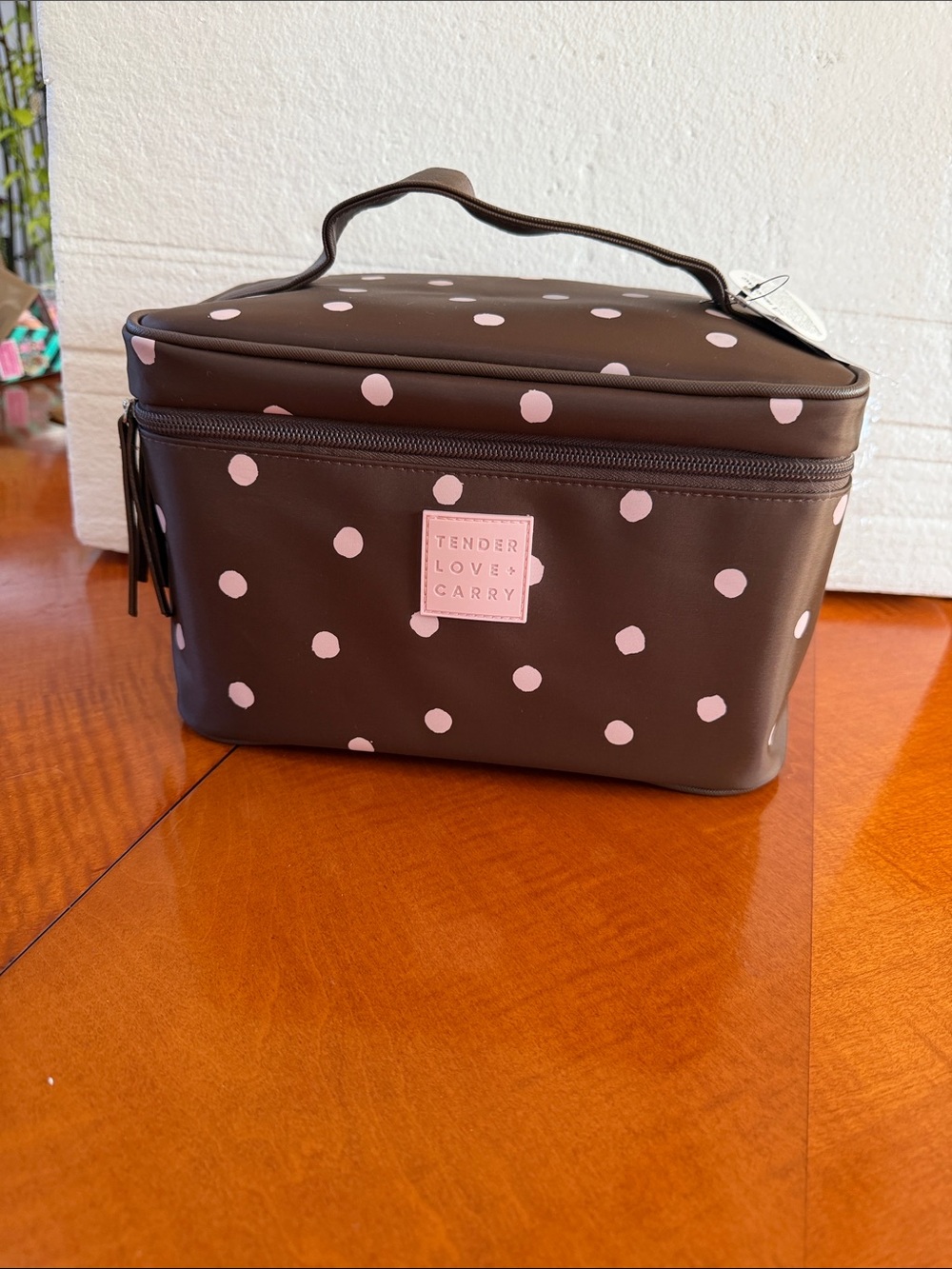 NWT. Brown Cosmetic Case with Pink Polka Dots